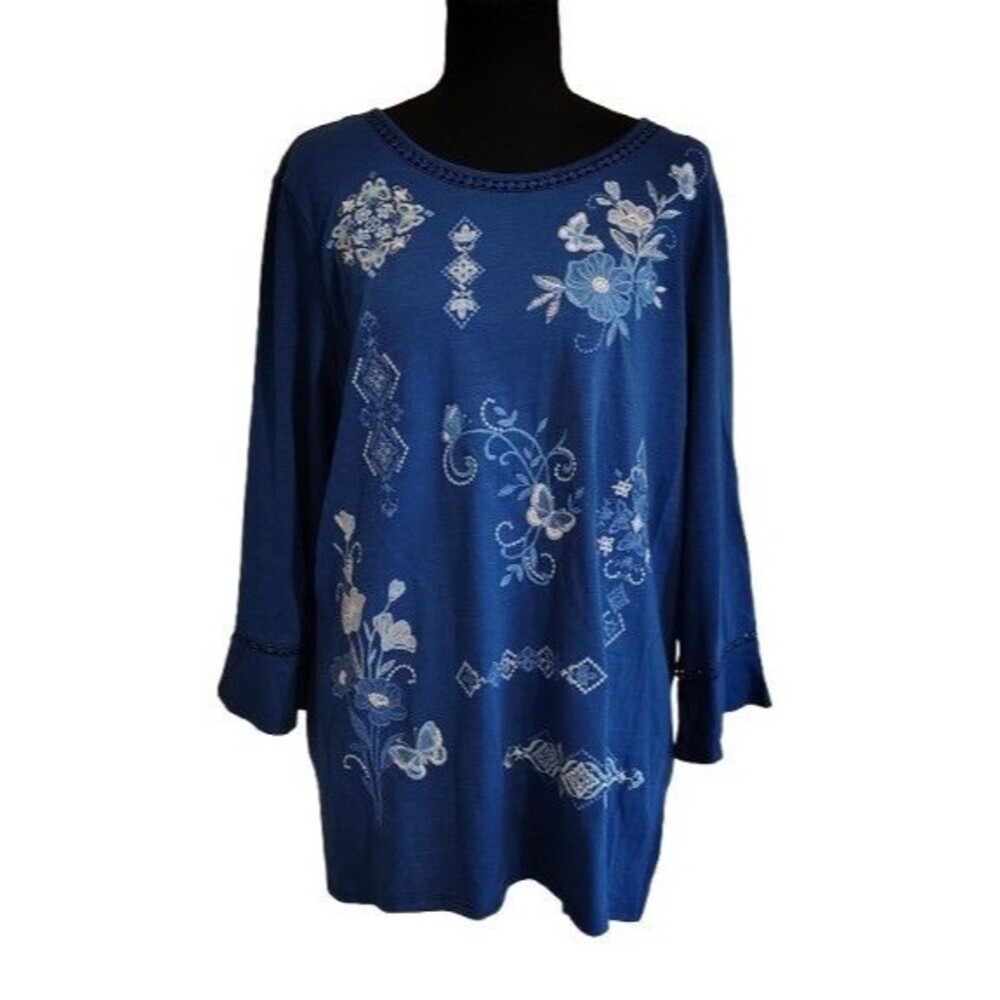 NWT Alfred Dunner The Royal Treatment Blue Embroidered Top L Floral...